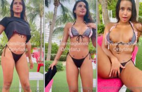 Camila Gomez, uma celebridade do OnlyFans, está se divertindo no quintal usando um biquíni provocante enquanto faz alguns vídeos privados
